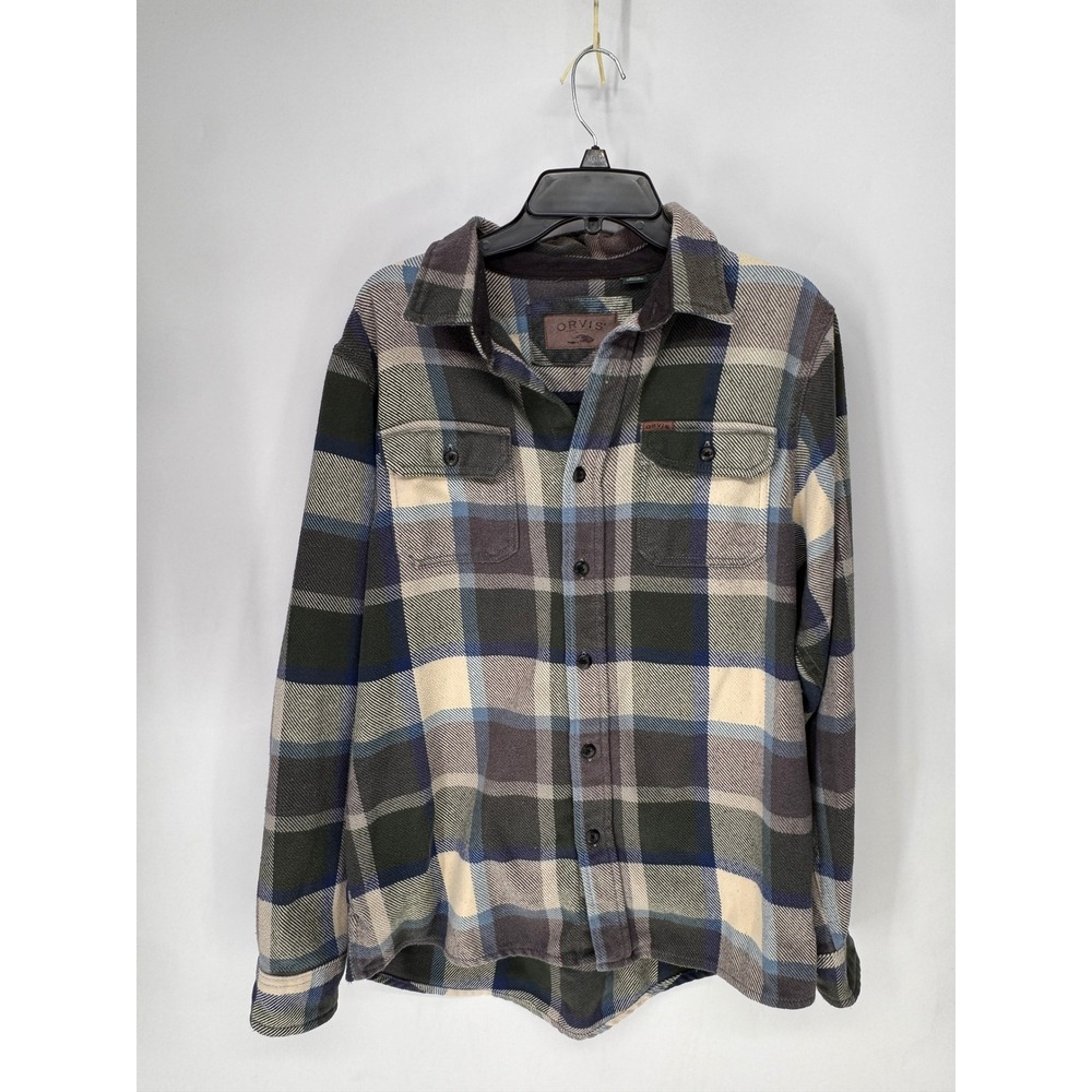 Orvis Flannel Shirt Mens Large Green Blue Plaid Classic Collection Long Sleeve